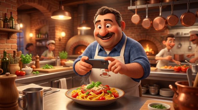 Illustrazione di un ristoratore italiano sorridente che filma con lo smartphone un piatto di pasta al pass della cucina