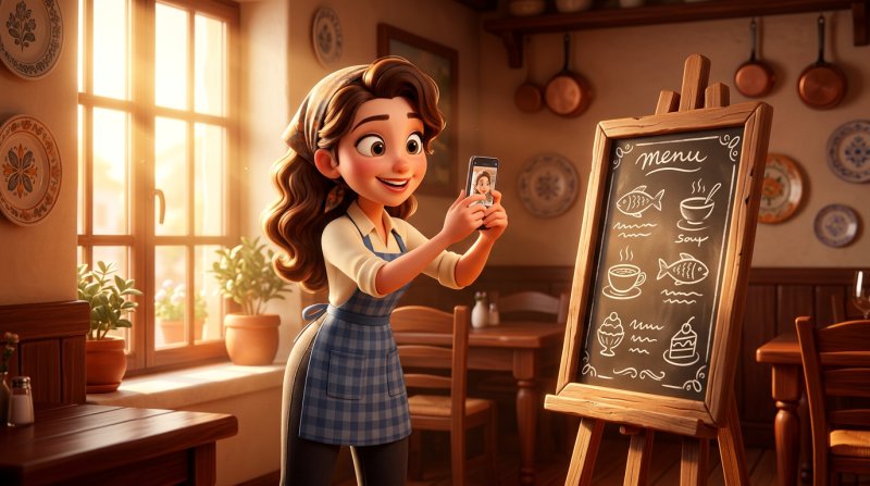 Nasmijana konobarica uz prozor svijetlog bistroa fotografira mobitelom ploču s dnevnom ponudom