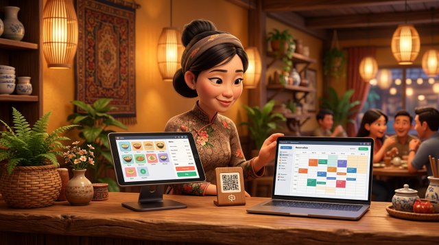 Chủ nhà hàng Việt Nam đứng ở quầy, so sánh máy POS hiển thị màn hình bán hàng và laptop hiển thị lịch đặt bàn, giữa hai thiết bị là bảng mã QR