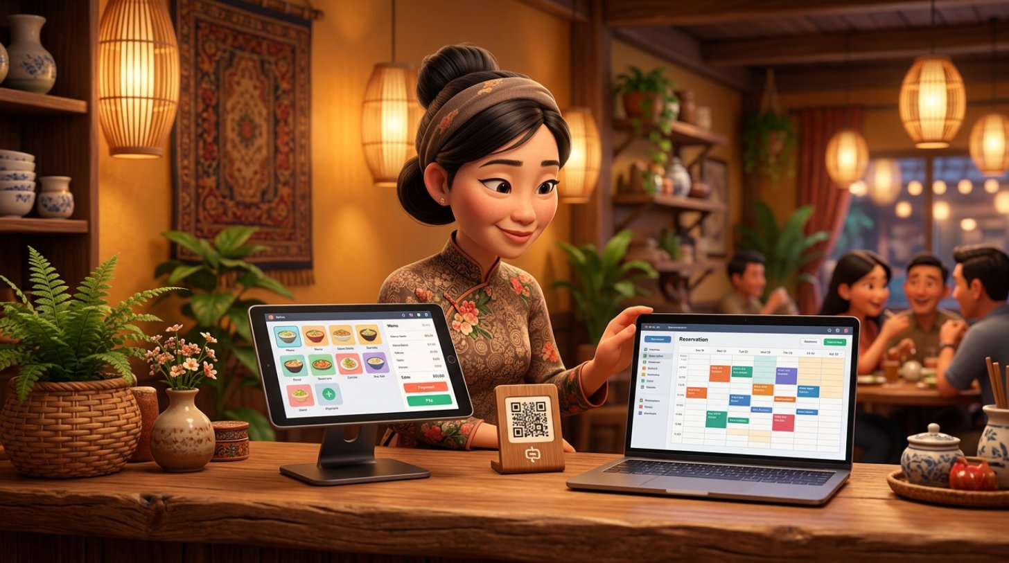 Chủ nhà hàng Việt Nam đứng ở quầy, so sánh máy POS hiển thị màn hình bán hàng và laptop hiển thị lịch đặt bàn, giữa hai thiết bị là bảng mã QR