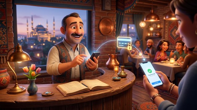 Karşılama bankosundaki restoran işletmecisinin telefonundan misafirin telefonuna kilitli kart simgesiyle ödeme linki gönderilirken, ahşap bankoda açık bir rezervasyon defteri