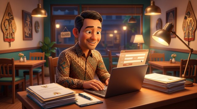 Ilustrasi 3D pemilik restoran tersenyum mengisi formulir perizinan online di laptop, ditemani tumpukan dokumen rapi di meja kayu restorannya