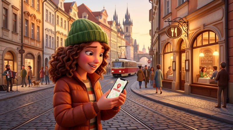 Kolemjdoucí žena na pražské ulici hledá v mobilu restauraci na mapě a s úsměvem ji objevuje na protější straně ulice