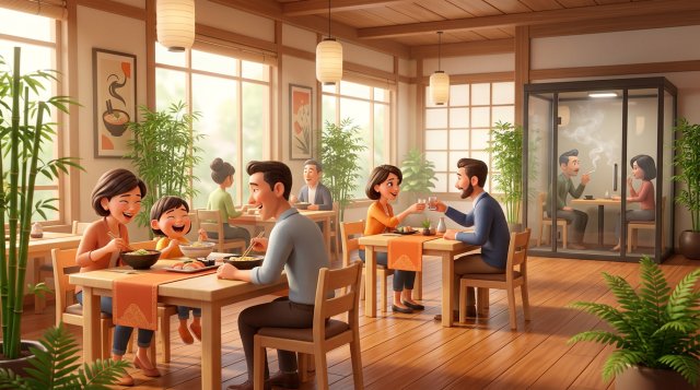 観葉植物のある明るい禁煙の客席と、奥に小さなガラス張りの喫煙ブースがある飲食店のイラスト