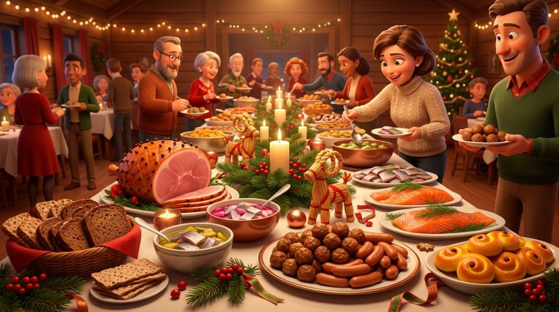 Överdådigt svenskt julbord med skinka, sill och lussekatter i restaurangmiljö