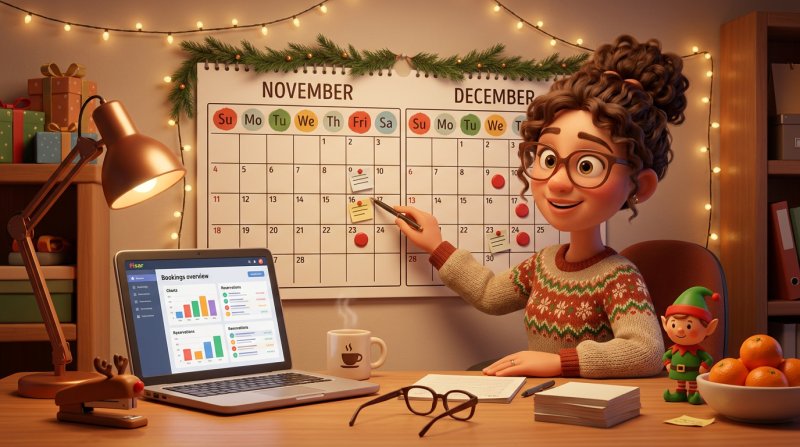 Bookingkalender for julefrokostsæsonen med markerede fredage i december