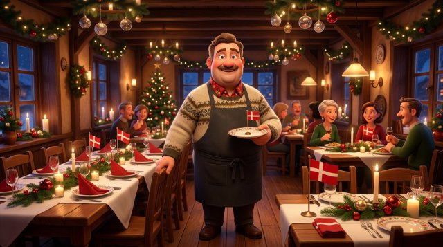 Restauratør i en juledekoreret restaurant med dækkede langborde klar til julefrokostsæsonen