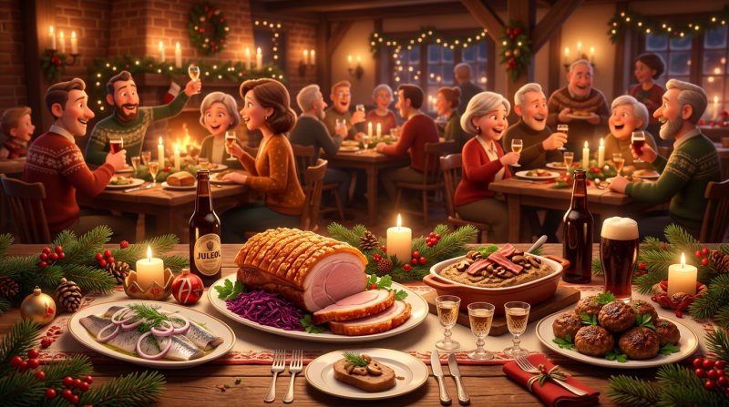 Festligt dansk julefrokostbord med sild, flæskesteg, juleøl og snaps i restaurant