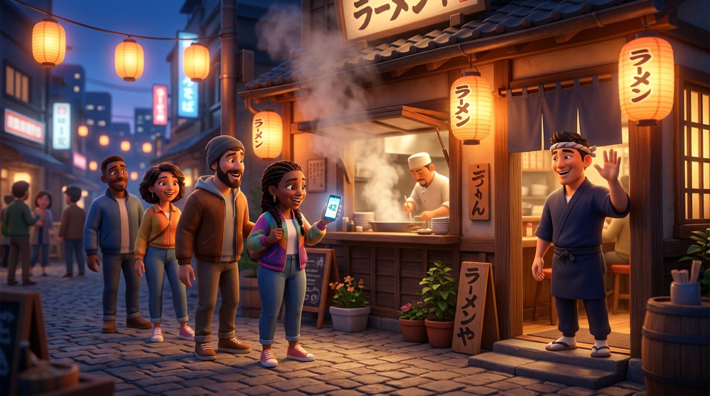 人気ラーメン店の前で番号札のスマホ画面を見せる客と、次の組を案内する店員のイラスト