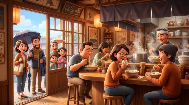 ランチタイムに賑わうラーメン店のカウンターで食事を楽しむお客様と、窓の外で順番を待つ人たちのイラスト