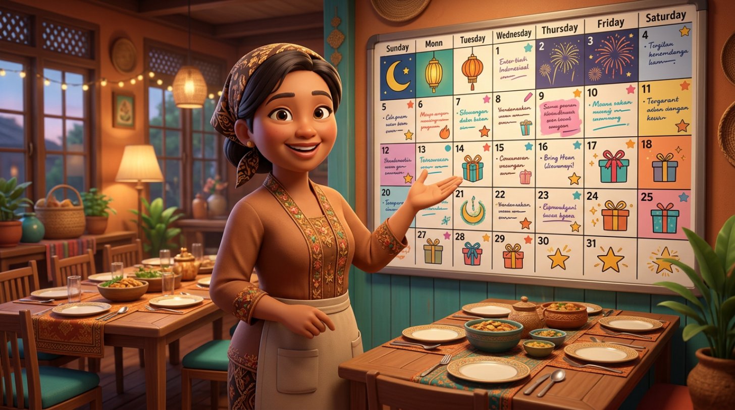 Ilustrasi 3D pemilik restoran Indonesia tersenyum di depan kalender dinding besar yang penuh tanda tanggal penting, dengan ruang makan bermeja kayu di latar belakang