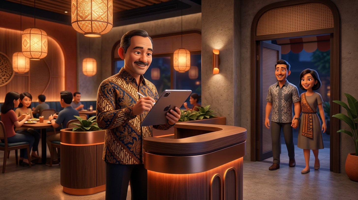 Ilustrasi 3D pemilik restoran Indonesia memeriksa kalender reservasi di tablet pada meja resepsionis, sementara sepasang tamu tiba di pintu masuk
