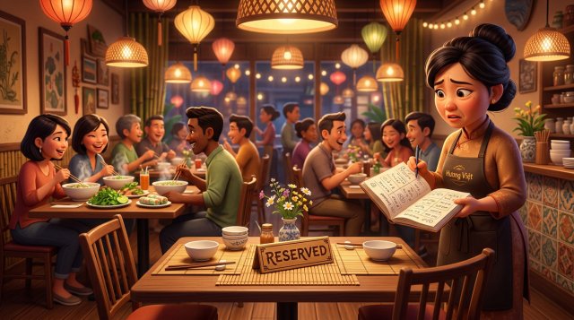 Chủ nhà hàng lo lắng nhìn bàn trống có biển đặt trước giữa quán đông khách vào giờ cao điểm buổi tối