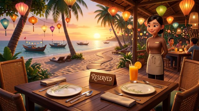 Bàn đặt trước bỏ trống trên sân hiên nhà hàng biển Việt Nam lúc hoàng hôn, nhân viên phục vụ nhìn ra lối đi vắng khách