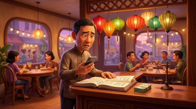 Chủ nhà hàng Việt đứng ở quầy lễ tân, tay cầm điện thoại, trước mặt là sổ đặt bàn, xấp tiền cọc và tượng cán cân công lý