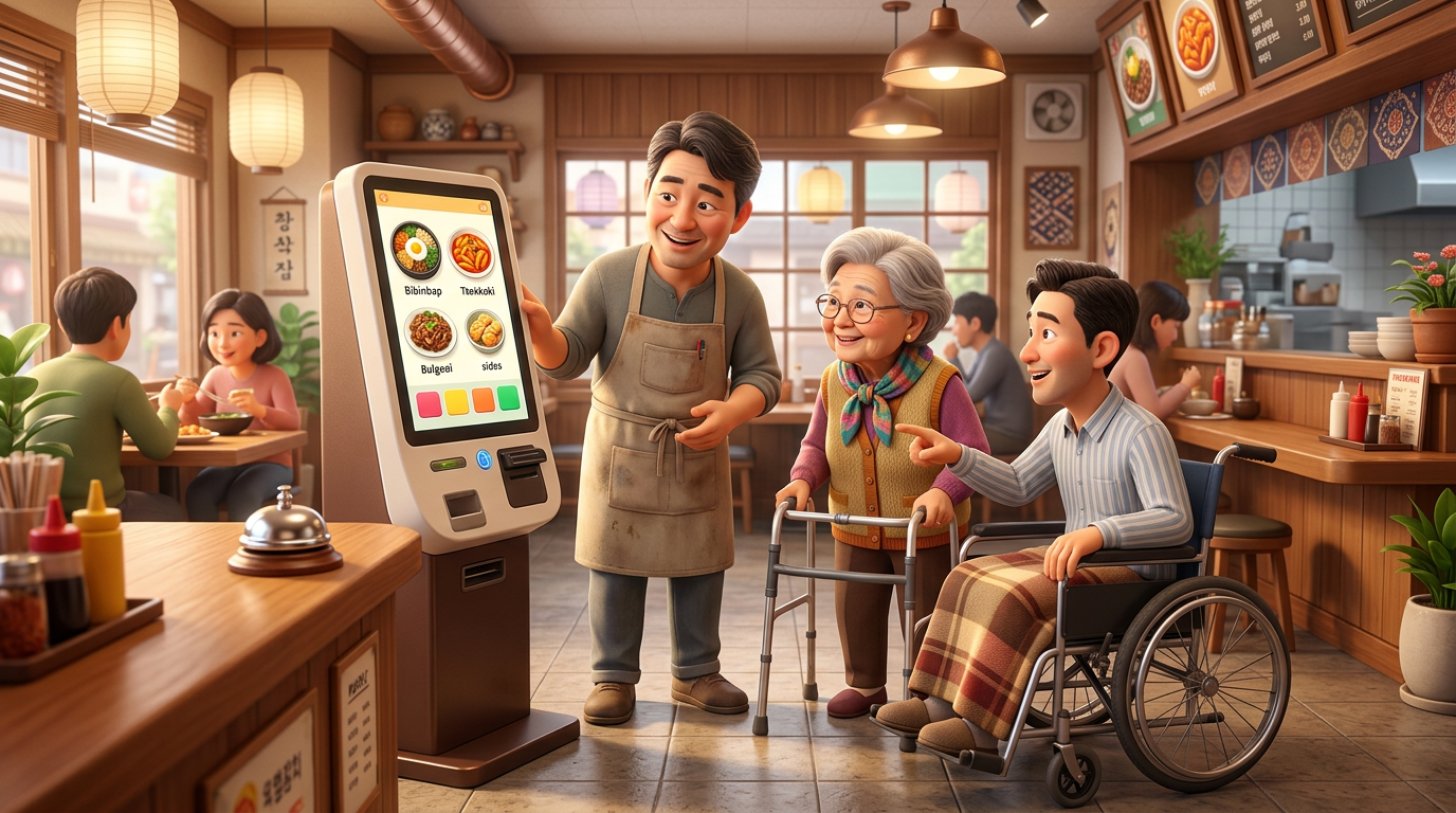 식당 사장님이 낮은 화면의 키오스크 앞에서 어르신 손님과 휠체어 손님의 주문을 도와주는 일러스트