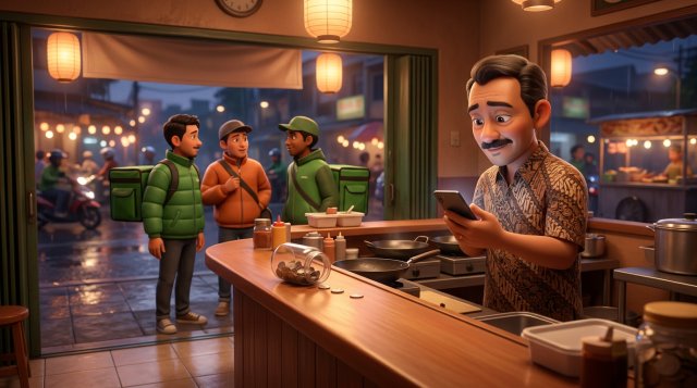 Ilustrasi 3D pemilik warung makan Indonesia menatap smartphone dengan cemas di konter, sementara kurir delivery menunggu dan koin-koin menggelinding keluar dari toples