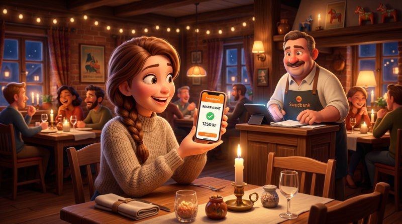 Gäst som visar sin bank-app med ett reserverat belopp i en mysig restaurang med krögaren vid bokningsdisken