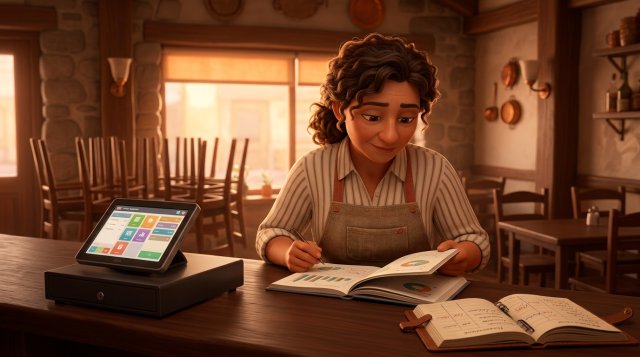 Ilustración de una restauradora repasando su cuaderno de indicadores en la barra de su restaurante antes del servicio, con el TPV y el libro de reservas sobre el mostrador