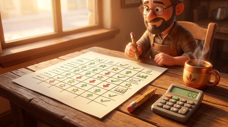 Quadro de indicadores semanal de um restaurante com colunas comparativas ao lado de uma chávena de café