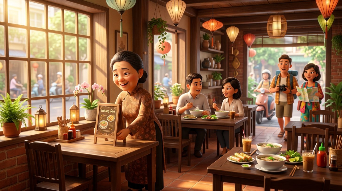 Nhà hàng Việt buổi chiều vắng khách dần đông lên: chủ quán đặt bảng set menu giờ vàng lên bàn, nhóm nhân viên văn phòng và cặp khách du lịch bước vào