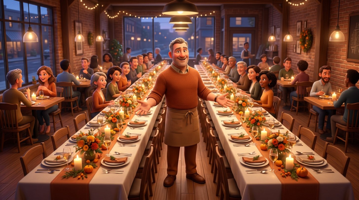 A restaurant owner presents a long banquet table set for twenty guests in a warm dining room