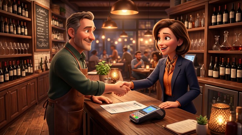 A restaurant owner and an event organizer shake hands over a signed agreement and a card terminal on the counter