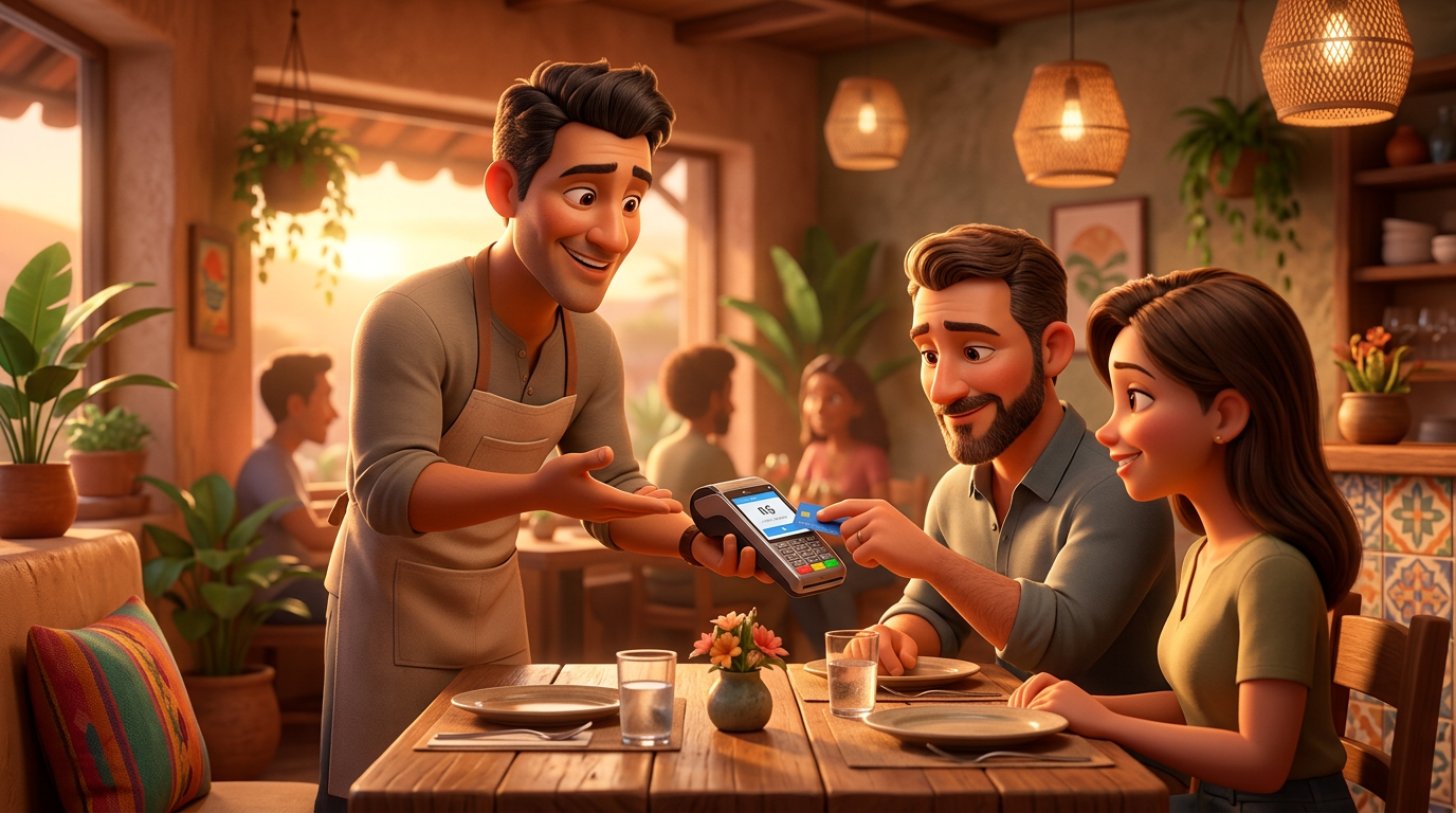 Garçom sorridente apresenta a conta na maquininha de cartão a um casal em um restaurante brasileiro