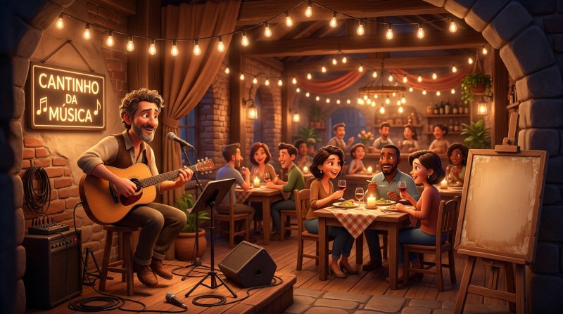 Músico toca violão ao vivo para clientes que jantam em um restaurante à noite, com um cavalete de aviso na entrada do salão