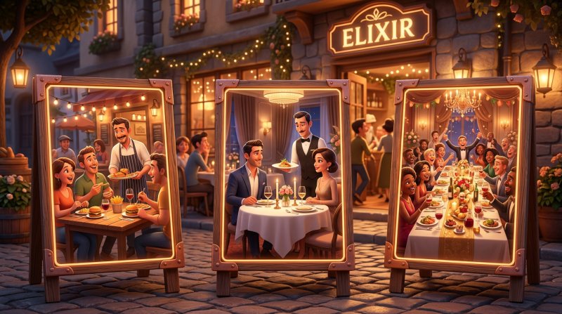 Három tábla egyre szigorúbb éttermi lemondási feltételekkel, a bisztrótól a fine dining étteremig