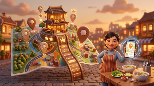 Minh họa nhà hàng Việt vươn lên vị trí cao nhất trên bản đồ với các ghim định vị và điện thoại hiển thị Google Maps