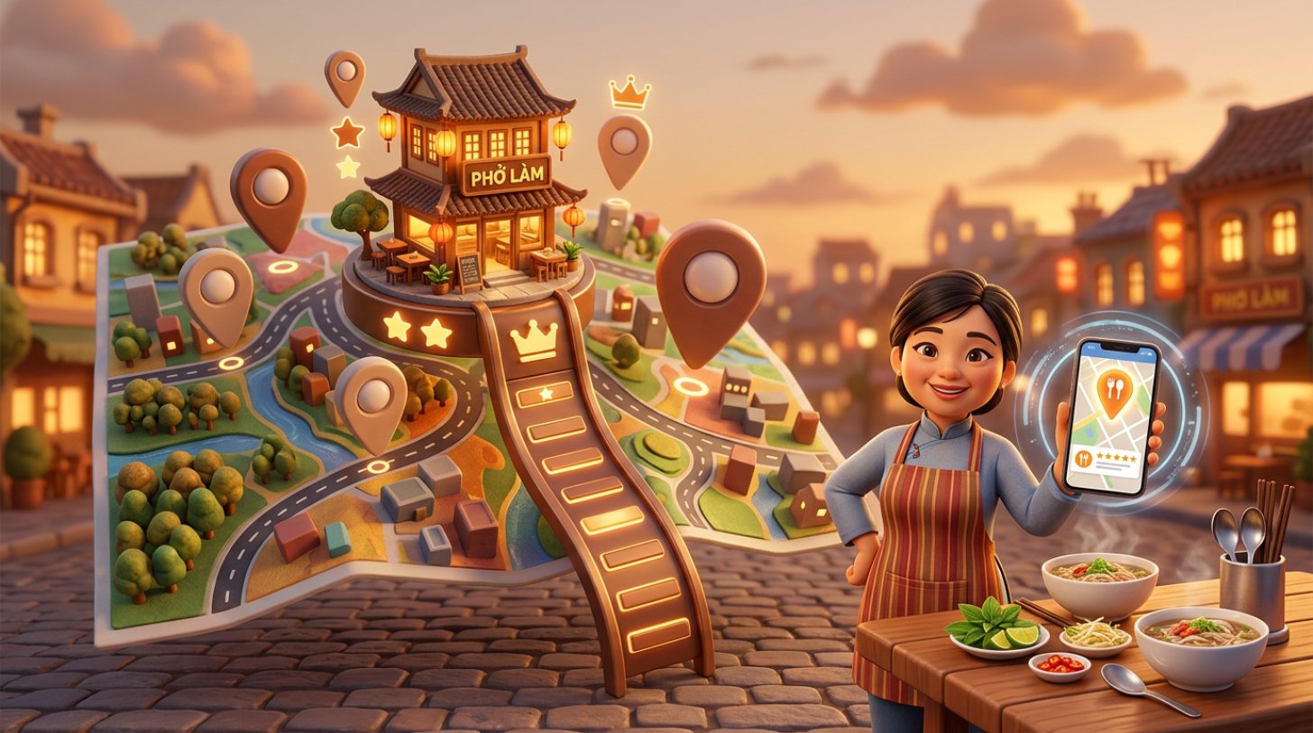 Minh họa nhà hàng Việt vươn lên vị trí cao nhất trên bản đồ với các ghim định vị và điện thoại hiển thị Google Maps