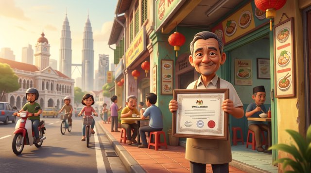 Ilustrasi 3D pemilik kedai makan Malaysia menyerahkan dokumen permohonan lesen di kaunter majlis bandaraya