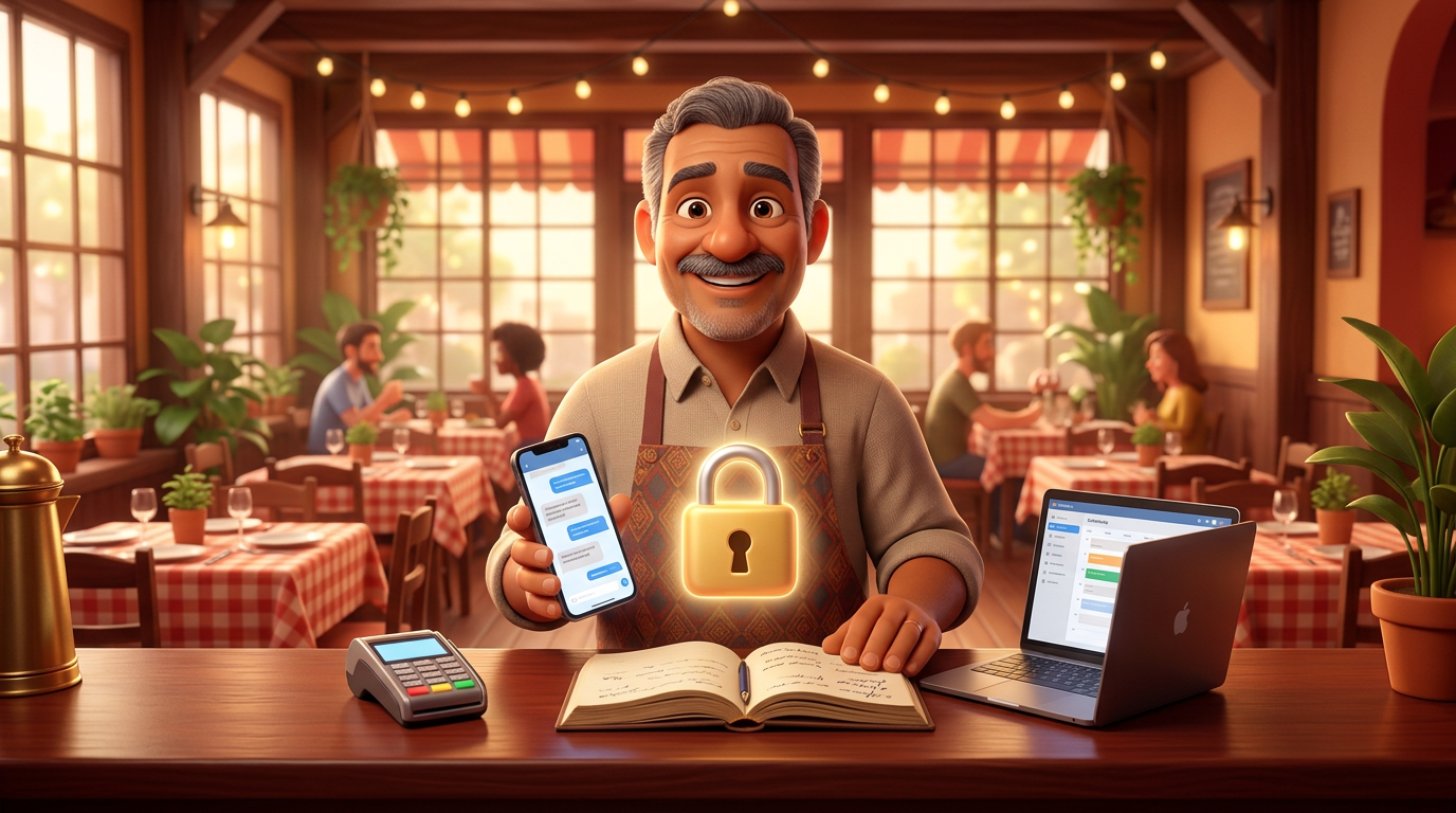 Dono de restaurante brasileiro atrás do balcão com celular, caderno de reservas e laptop protegidos por um cadeado dourado flutuante