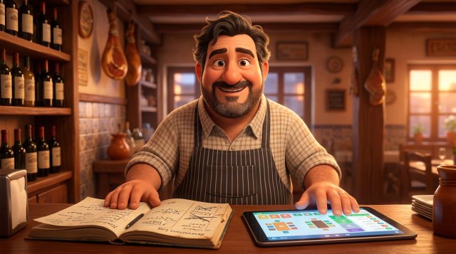 Restaurador sonriente con una mano sobre su viejo cuaderno de reservas de papel y la otra sobre una tablet que muestra el planning de mesas
