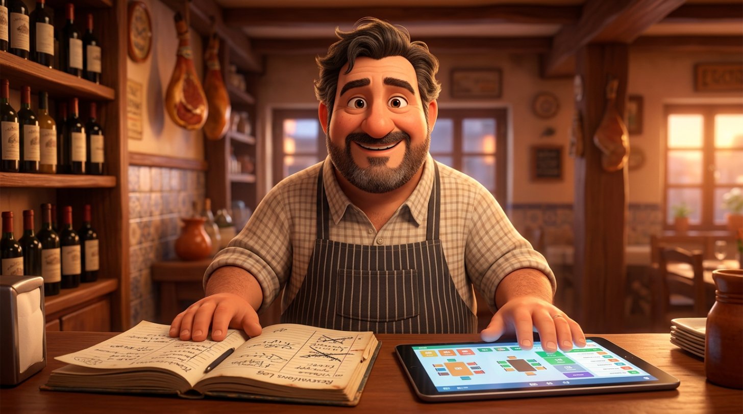 Restaurador sonriente con una mano sobre su viejo cuaderno de reservas de papel y la otra sobre una tablet que muestra el planning de mesas