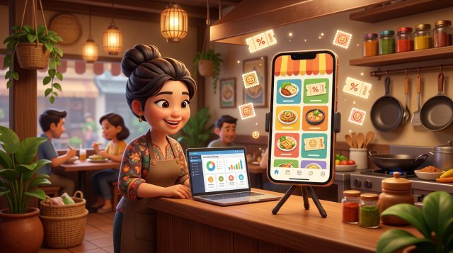 เจ้าของร้านอาหารไทยยิ้มอยู่หลังเคาน์เตอร์ กำลังวางแผนโปรโมชันบนแล็ปท็อป ข้างสมาร์ตโฟนที่แสดงเมนูลัดของแอปแชทพร้อมคูปองและบัตรสะสมแต้มลอยอยู่รอบ ๆ