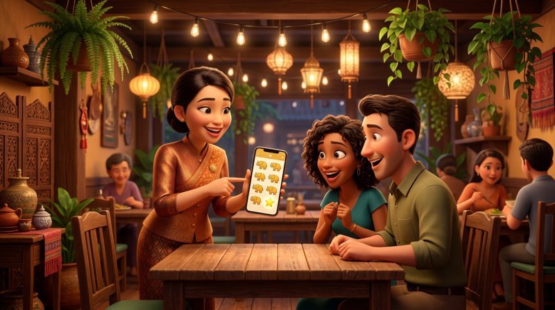 พนักงานเสิร์ฟร้านอาหารไทยยิ้มแย้ม โชว์สมาร์ตโฟนที่แสดงบัตรสะสมแต้มดิจิทัลเต็มไปด้วยดวงตราสีทองให้ลูกค้าคู่หนึ่งดูที่โต๊ะอาหาร