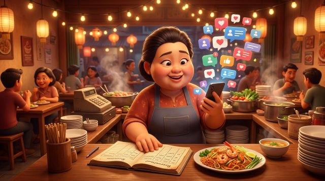 เจ้าของร้านอาหารไทยยืนถือสมาร์ตโฟนที่มีข้อความแชทลอยออกมาจากหน้าจอจำนวนมาก ข้างสมุดจองโต๊ะบนเคาน์เตอร์ร้าน