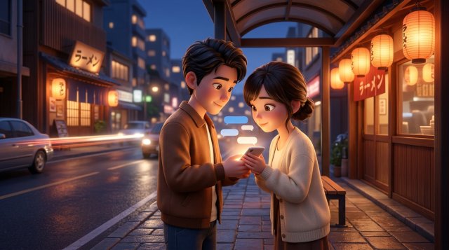 夜の通りでスマートフォンのチャット画面を見ながらラーメン店を眺めるカップルのイラスト