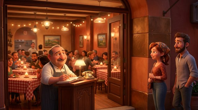 Illustrazione di un ristoratore sorridente che annota i nomi in lista di attesa all'ingresso di una trattoria piena, mentre una coppia aspetta il proprio turno