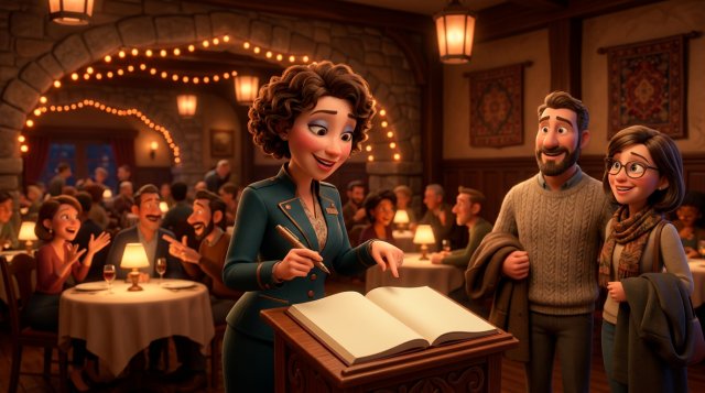 Ilustración de una anfitriona de restaurante apuntando en el atril de la entrada el nombre de una pareja que espera, con la sala llena al fondo