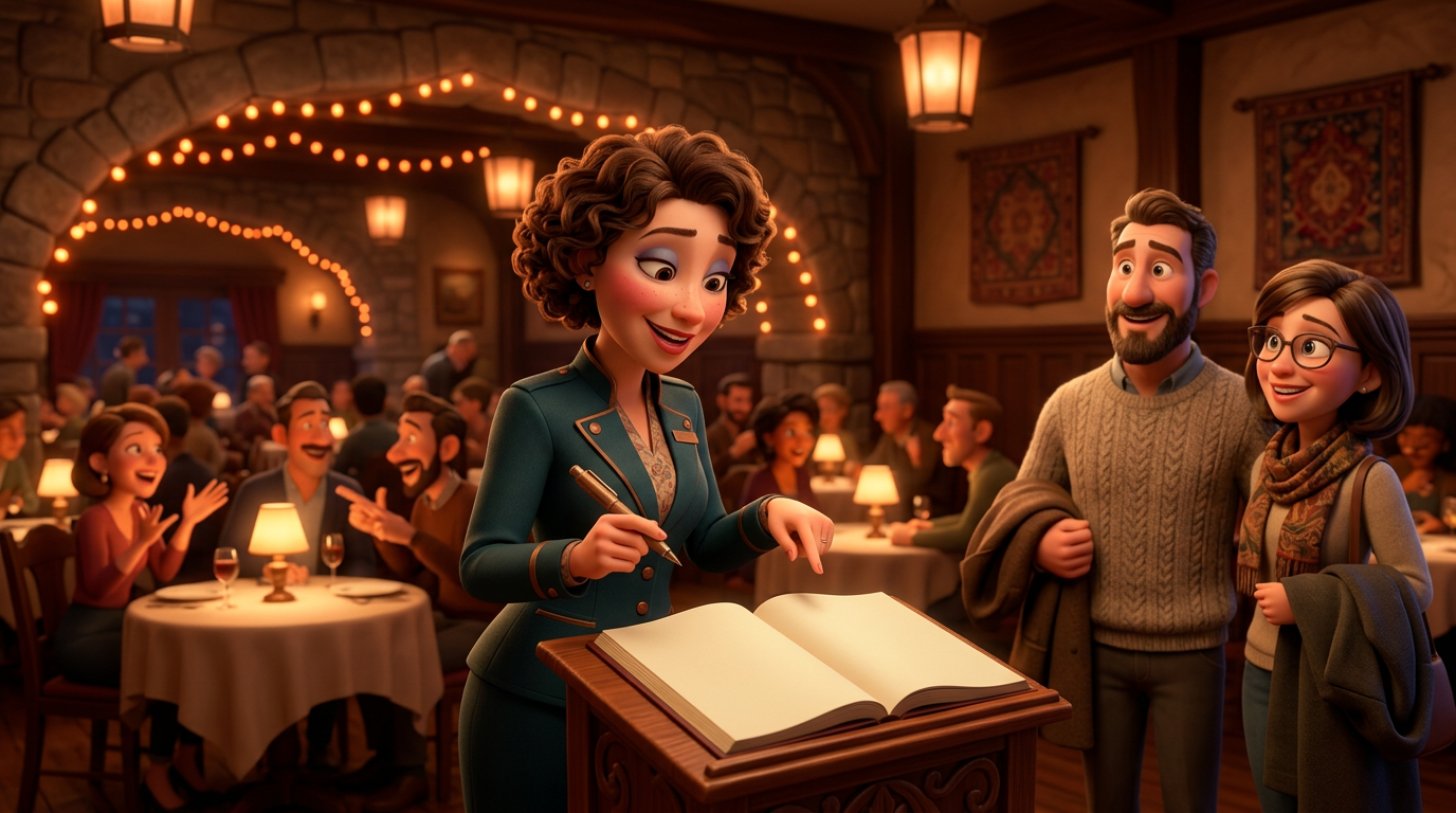 Ilustración de una anfitriona de restaurante apuntando en el atril de la entrada el nombre de una pareja que espera, con la sala llena al fondo