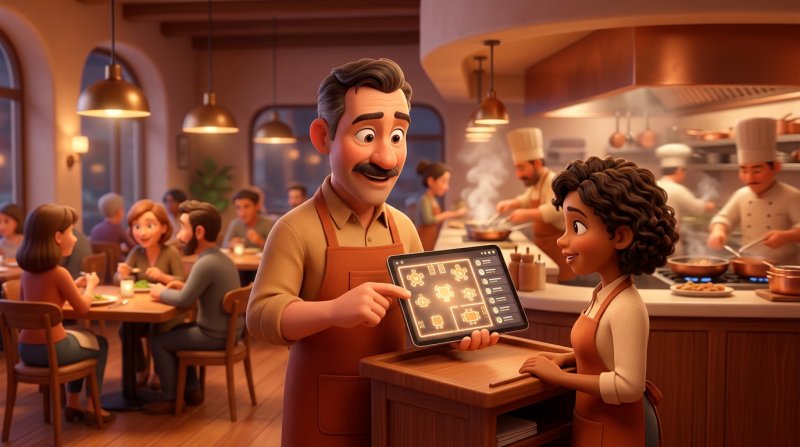 Ilustração de um gerente de restaurante a consultar num tablet a planta da sala ao lado da lista de clientes em espera