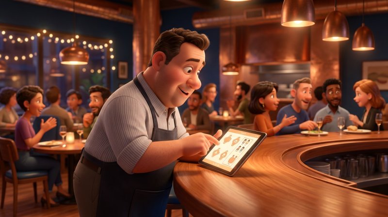 Ilustración de un gerente de restaurante consultando en una tableta el plano de sala junto a la lista de clientes en espera