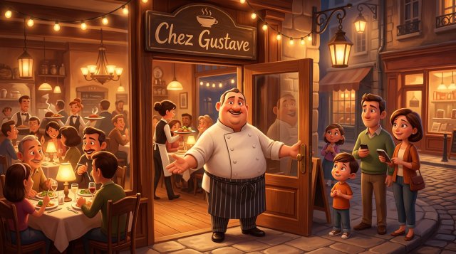 Illustration d'un restaurateur accueillant des clients devant une salle de restaurant pleine, une famille attend son tour à l'entrée