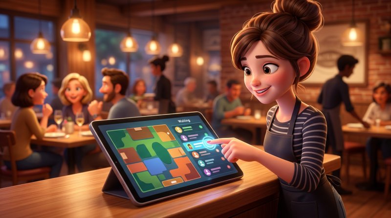 Tablette de restaurant affichant un planning de salle complet avec une liste de clients en attente