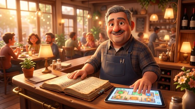 Restaurador sorridente com uma mão sobre o velho livro de reservas em papel e a outra sobre um tablet que mostra o mapa de reservas