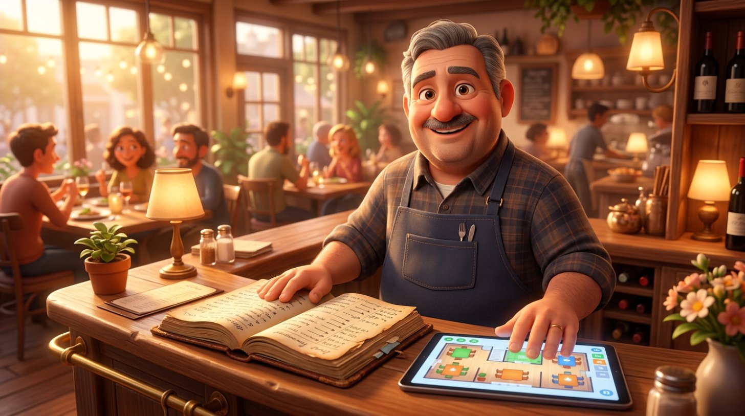Restaurador sorridente com uma mão sobre o velho livro de reservas em papel e a outra sobre um tablet que mostra o mapa de reservas