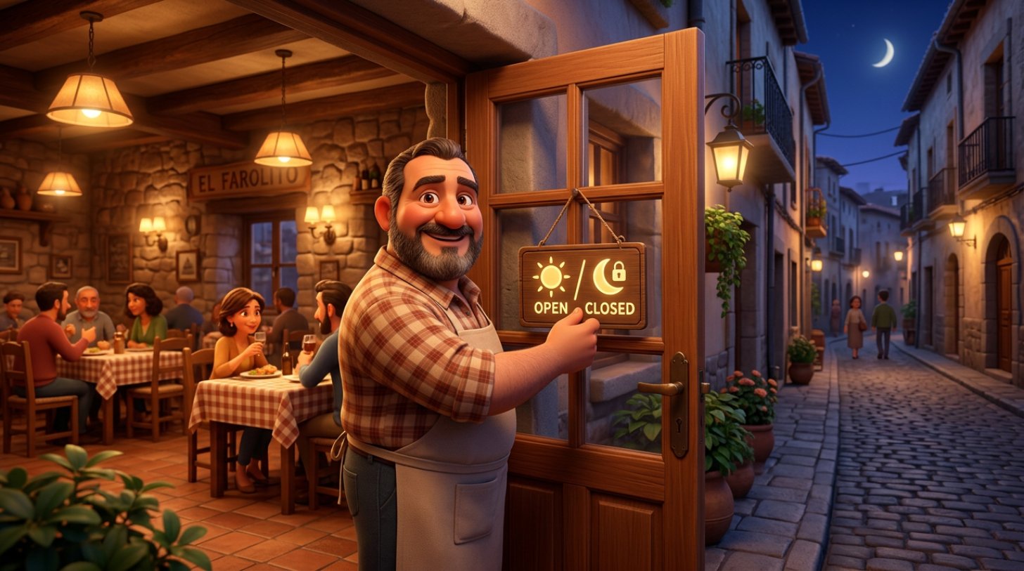 Ilustración de un restaurador sonriente girando el cartel de Abierto en la puerta de su restaurante una noche entre semana, con una sala cálida al fondo